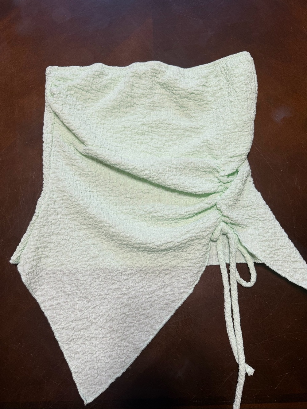 See You Monday Light Mint Strapless Ruched Handkerchief Crop Top